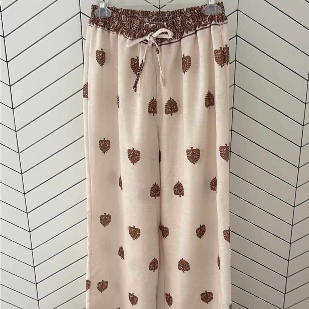 Flowy linen type pants Cream Pants with Brown Leaf Pattern
